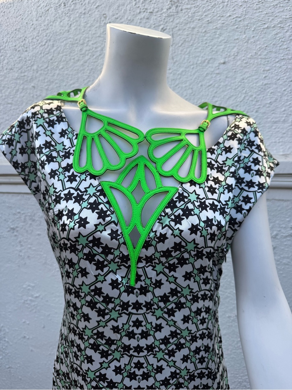Prada Miu Miu Black and White star Dress with Neon Green leather cutout 42